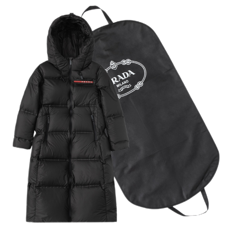 连帽长款羽绒服字母小标黑